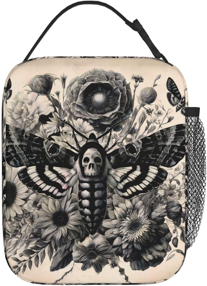 Gothic Moth Polyester Lunch Box for Kids Teen,Goth Reusable Thermal Lunch Bag for Adult Women,Dark Floral Insulated Tote Cooler Bags for School,Work,Picnic,Travel,Vintage Halloween Style