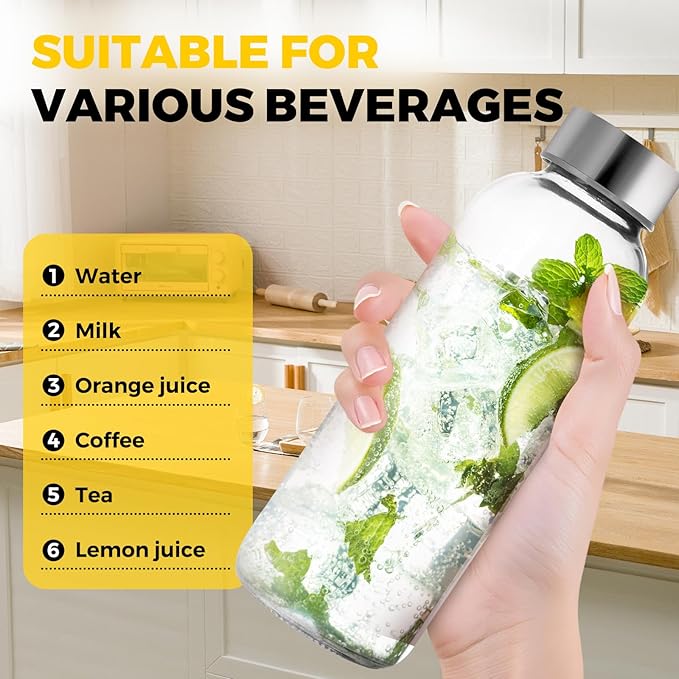 Set of 6 Clear Glass Water Bottles with Lid 26oz for Juicing Reusable Bottle Glass Cup with Stainless Steel for Juicing,Halloween Refrigerator 100% Leak Proof Drinking Jar, BPA Free