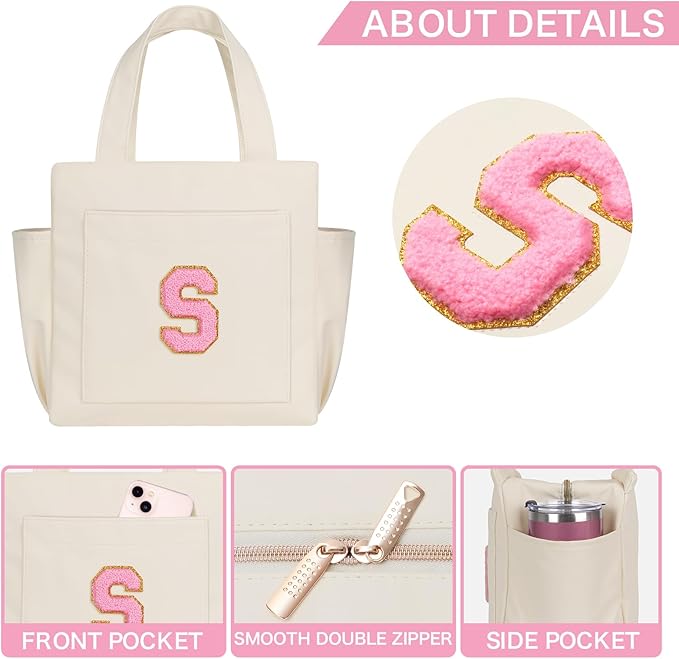 Joymee Leather Lunch Box Lunch Bag for Women Adult Insulated Reusable Leakproof Large Spacious Lunch Cooler Lunch Tote Bag with Bottle Holder and Side Pockets for Work Picnic Beach (Letter S)