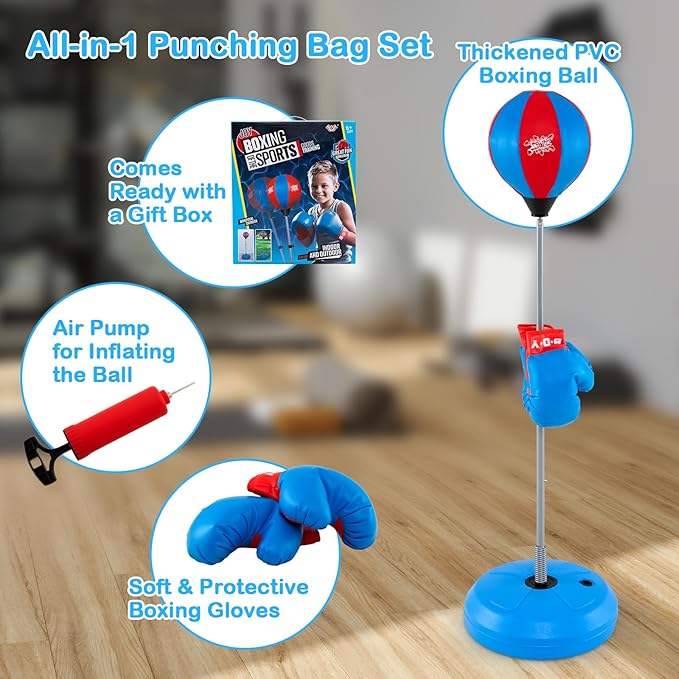 Goplus Punching Bag for Kids, Height Adjustable Kids Workout Equipment with Boxing Stand, Boxing Gloves, Inflator for Teens Adults Boys & Girls Aged 8+, Reflex Bag for Christmas Birthday