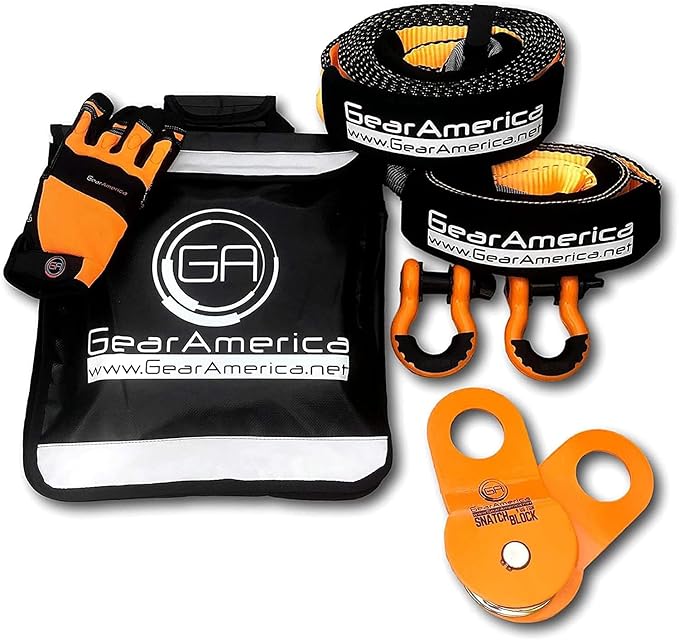 GearAmerica Off Road Recovery Kit, 9 Ton, Includes Tow Strap, Tree Saver, Snatch Block Pulley, D-Ring Shackles, Winch Line Dampener Bag, Gloves - Off Road Recovery Gear, 4x4, Orange