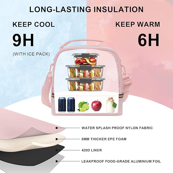 Everfun Womens Lunch Box Two Compartments Insulated Lunch Tote Bag Large Leakproof Soft Cooler for Work Picnic Travel, Pink