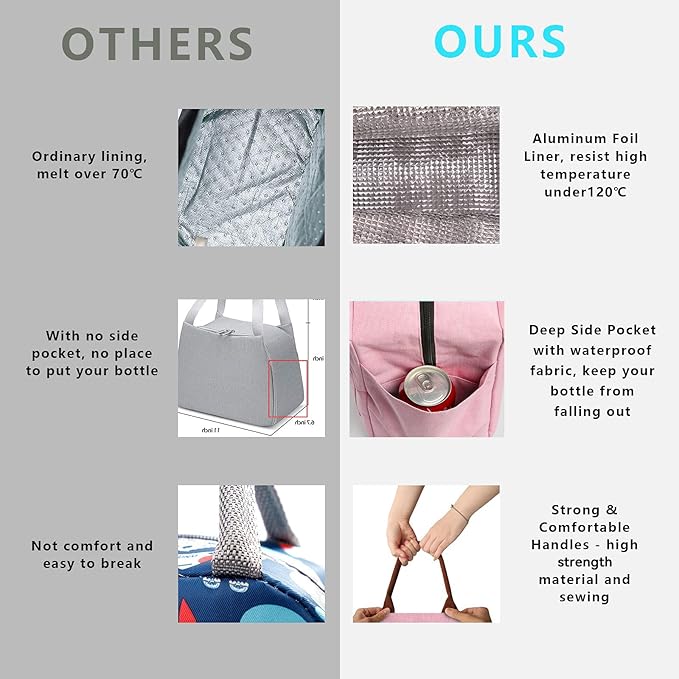 Joymee Lunch Bag Women Insulated Lunch Box Reusable Leakproof Large Spacious Cooler Tote for Womens Mens Adults with Bottle Holder and Side Pockets for Work Office Travel Picnic - Light Pink