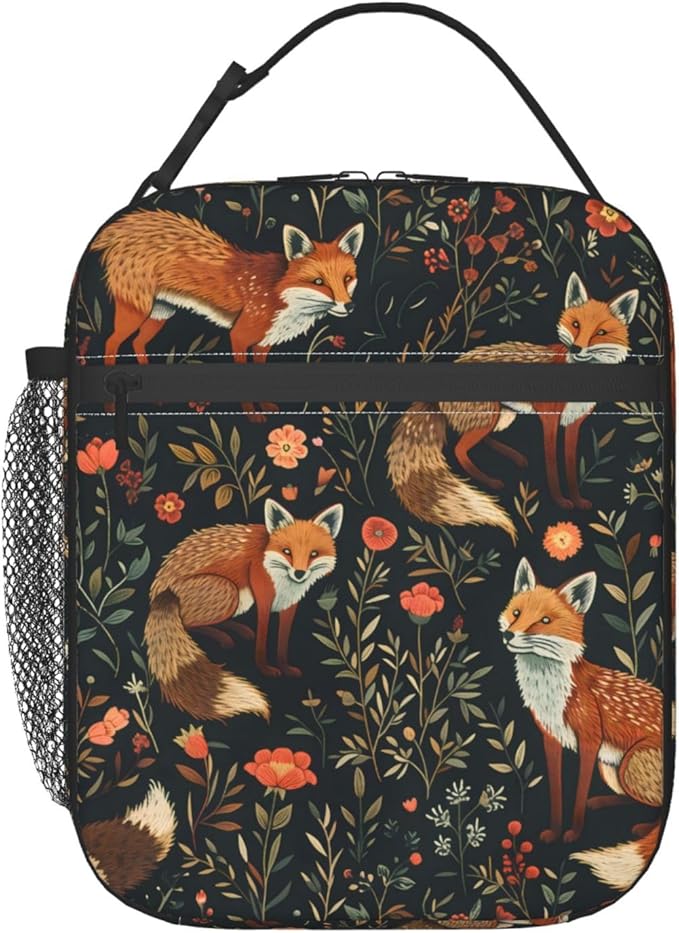 Fox Polyester Lunch Box for Kids Teen,Cute Reusable Thermal Lunch Bag for Adult Women,Rustic Insulated Tote Cooler Bags for School,Work,Picnic,Travel,Vibrant Forest Theme