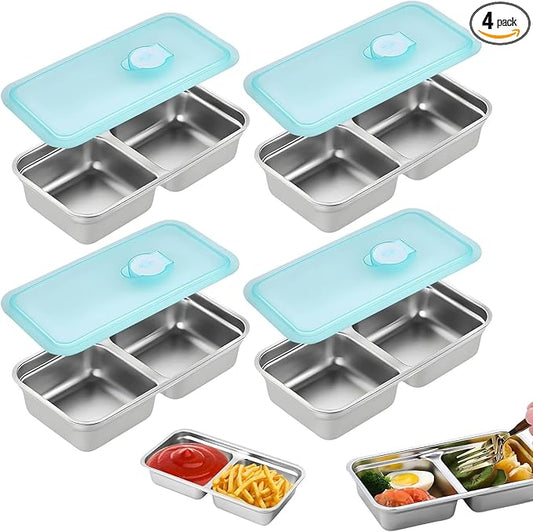 Grab and Go Snack Containers Reusable, 4 Pcs Stainless Steel Double Compartment Snack Containers, Dishwasher- Reusable Condiment with Lids, Snacks Dips Takeout Travel and Outdoor Camping
