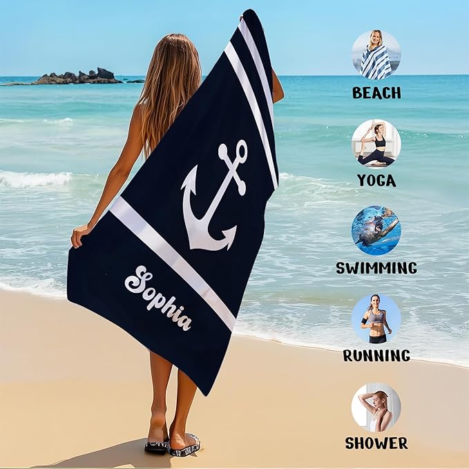 JML Personalized Beach Towel with Name, Custom Anchor Beach Towel, Customized Microfiber Pool Towel, Quick Dry & Absorbent Swim Towel for Adult,Anniversary, Birthday, Summer Holiday,Vacation
