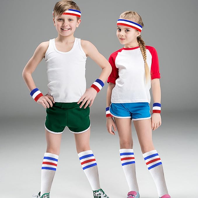 10 Pieces Striped Sweatbands and Striped Socks Set Headbands Wrist Sweat Bands for Men and Women Sports 80s 90s Fitness