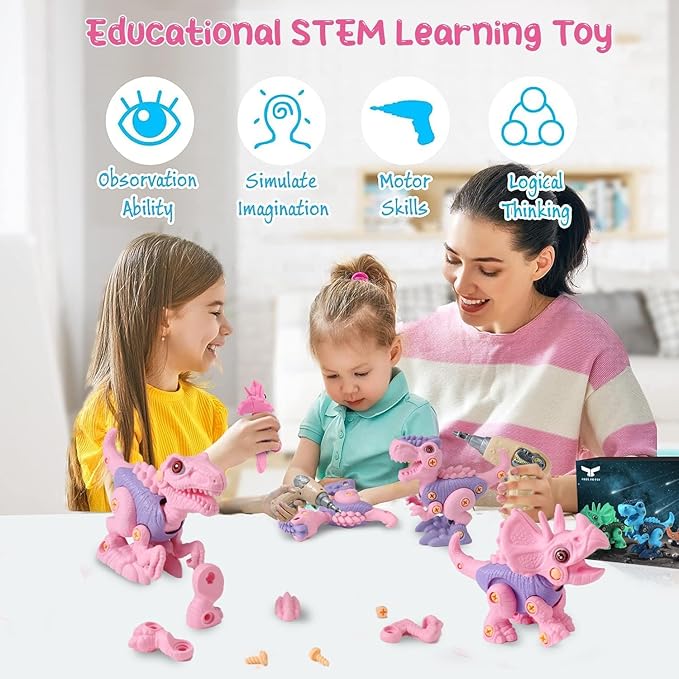 FREE TO FLY Girls Toys Take Apart Dinosaur: Pink Dinosaur Play Set for Kids 3-5 5-7, Stem Learning Educational Montessori for 3 4 5 6 7 8 Year Old Girls Toddlers Autism Sensory Xmas Birthday Gifts