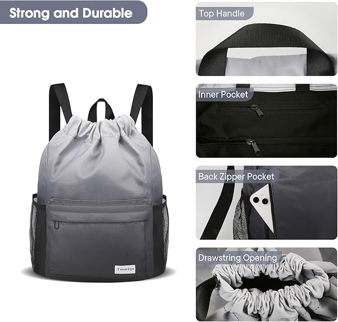 Drawstring Backpack Sports Gym Sackpack with Mesh Pockets Water-Resistant String Cinch Beach Bag for Men Women(Gradient Gray)