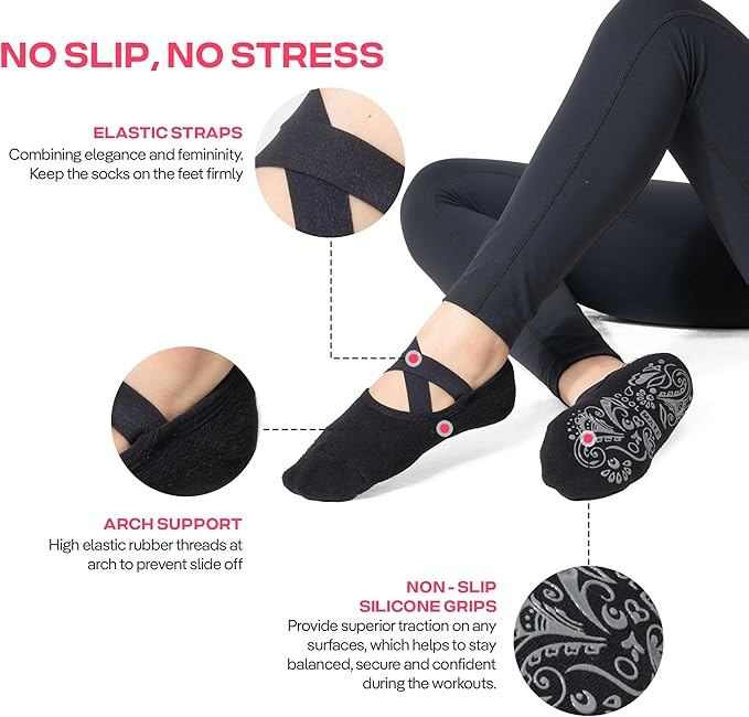 CoolMate Pilates Socks with Grips for Women, Yoga Socks, Crew Non Slip Women for Workout, Barre, Pilates Gifts
