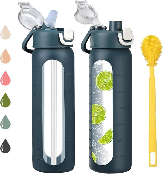 24 oz Glass Water Bottles with 2 Lids-Handle Spout Lid & Straw Lid, Motivational Water Bottle with Time Marker and Silicone Sleeve,Leakproof-Dark Blue-1 Pack