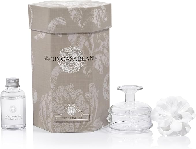 Zodax Grand Casablanca Porcelain Oil Diffuser - Home Fragrance Oil Diffuser Ideal for Living Room, Bathroom, Office - Flower Design - Gift Box Packaging Included - White Hibiscus - 1.69 Oz.