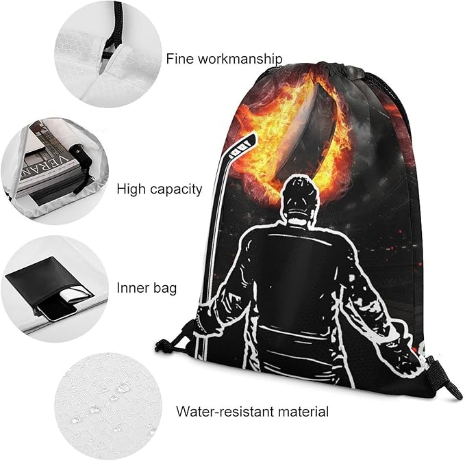 Hockey Drawstring Backpack - Cool Cinch Sack, String Backpacks for Kids Women Men Boys Girls for Gym Outdoor Sports Travel Athletic Drawstring Bag - Lightweight/Foldable