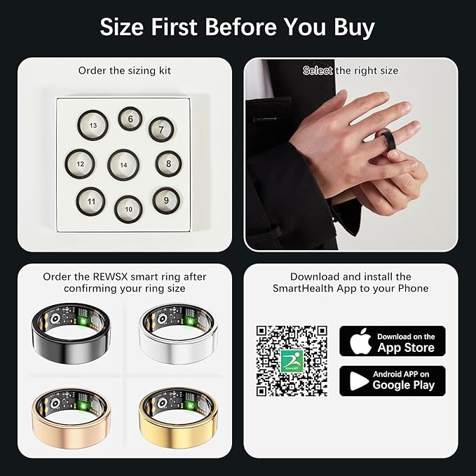 Smart Health Ring for Women Men, Fitness Tracker Ring with Heart Rate, Blood Oxygen, Sleep Tracker, Step Tracker, No Subscription Fee, IP68 Waterproof Smart Ring for iPhone & Android (Black, 13#)