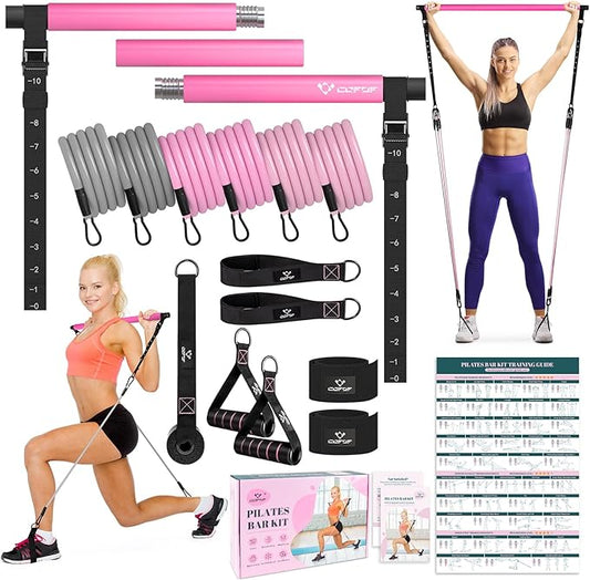 Pilates Bar Kit with Resistance Bands, Multifunctional Yoga Pilates Bar with Heavy-Duty Metal Adjustment Buckle, Portable Home Gym Pilates Resistance Bar Kit for Women Full Body Workouts