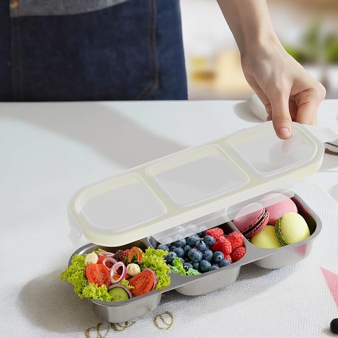 Stainless Steel Snack Containers for Kids Adults, 4 Pack 3 Compartment Metal Snack Containers Box with Lid, Reusable Food Storage Container, Leak Proof, Grab and Go