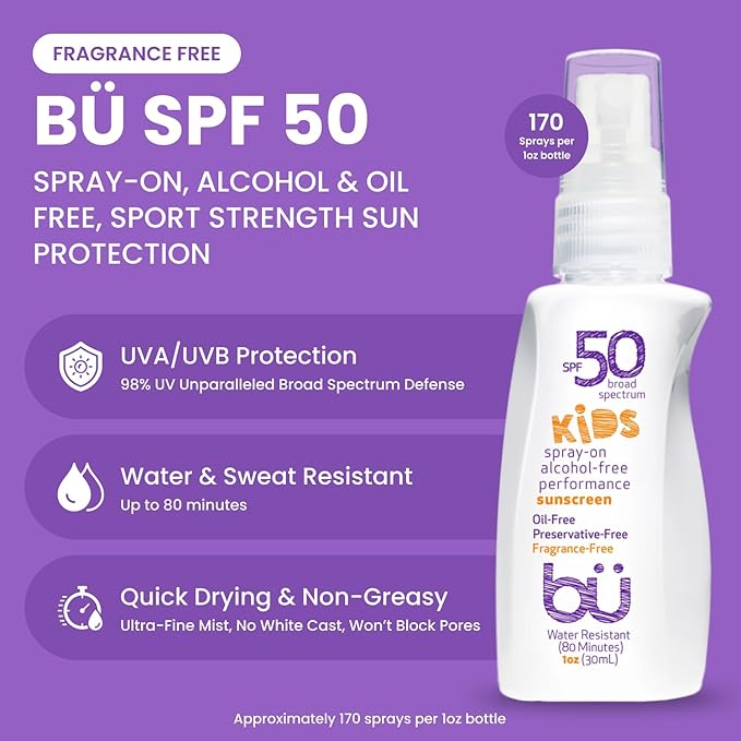 BU SPF 50 Kids Sunscreen Spray for Face and Body, Non Aerosol Spray, TSA Travel Size Sunscreen, Clear, Non Greasy, Water Resistant, Oil Free, Fragrance Free 1 oz