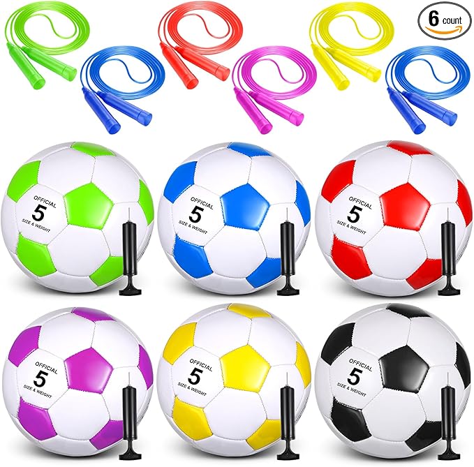 Hiboom 6 Sets Operation Christmas Deflated Soccer Ball with Pumps and Jump Ropes Official Size Soccer Ball Bulk for Outside Sports Training Party Supplies Christian Charity Donation Gift