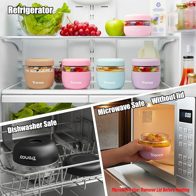 Tronco 16 oz Glass Food Storage Containers with Lids, Airtight, Leak & Spill Proof Glass Lunch Bowls for Meal Prep, Salad, Yogurt, Soup & Stew, Microwave & Dishwasher Safe, BPA-Free, Set of 4
