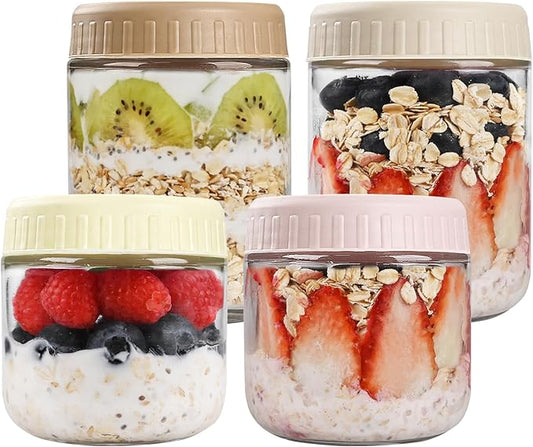 Overnight Oats Containers with Lids, Glass Jars with Lids 4 pcs, Wide Mouth Mason jars for Salad, Yogurt, Snacks, Meal Prep