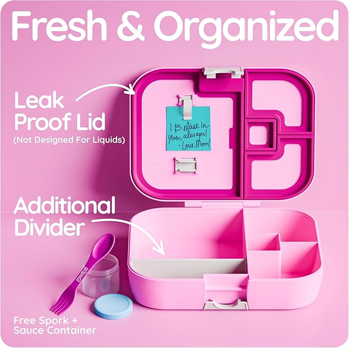 YOOPI Bento Box for Kids, Leak-Proof, BPA-Free School Bento Lunch Box Containers with Compartments. Online Healthy Meal Planning, Durable, Easy-Clean, Eco-Friendly Lunchbox for Girls (Pink).