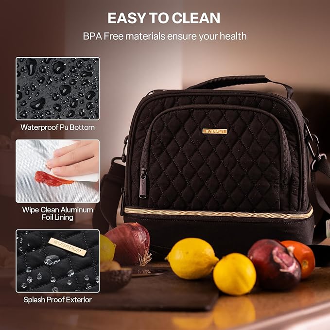 Everfun Womens Lunch Box Two Compartments Insulated Lunch Tote Bag Large Leakproof Soft Cooler for Work Picnic Travel, Black