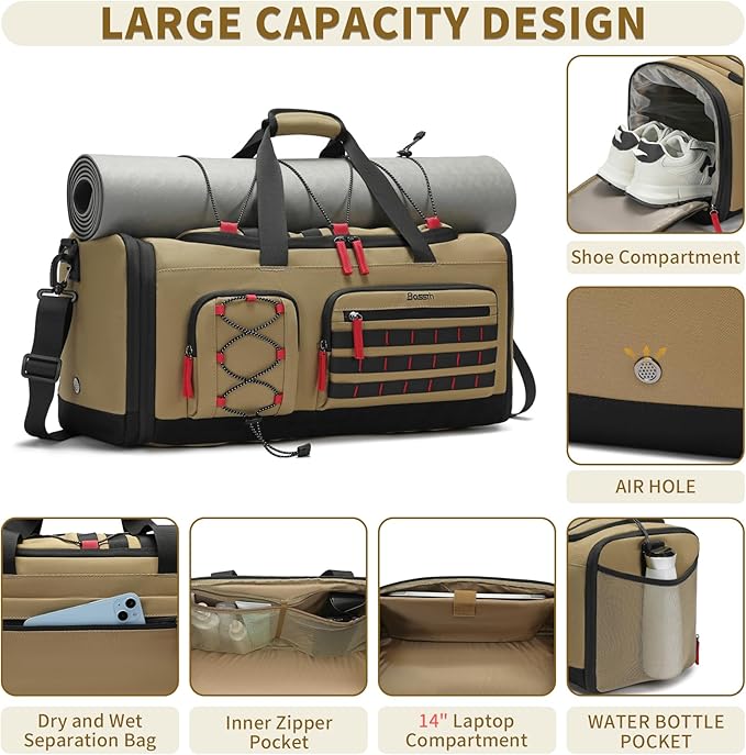 Bosstin Gym Bag for Men & Women,45L Travel Duffle Sports Duffel Bag Gym Weekender Overnight Backpack with Shoe Compartment (Khaki)