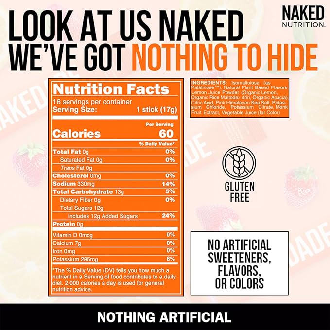 Nakedade Strawberry Lemonade – Performance Enhancing Sports Drink Powder - Electrolyte Powder – No GMOs or Artificial Sweeteners, Gluten-Free, Soy-Free, Dairy-Free – 16 Sticks