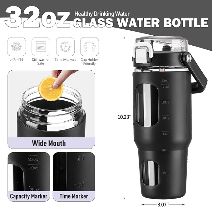 BLUEGO 32oz Glass Tumbler with Lid and Handle, Iced Coffee Cup with Straws, Glass Water Bottle with Silicone Sleeve and Volume, Marker Glass Cup with Time Marking, BPA Free, Black