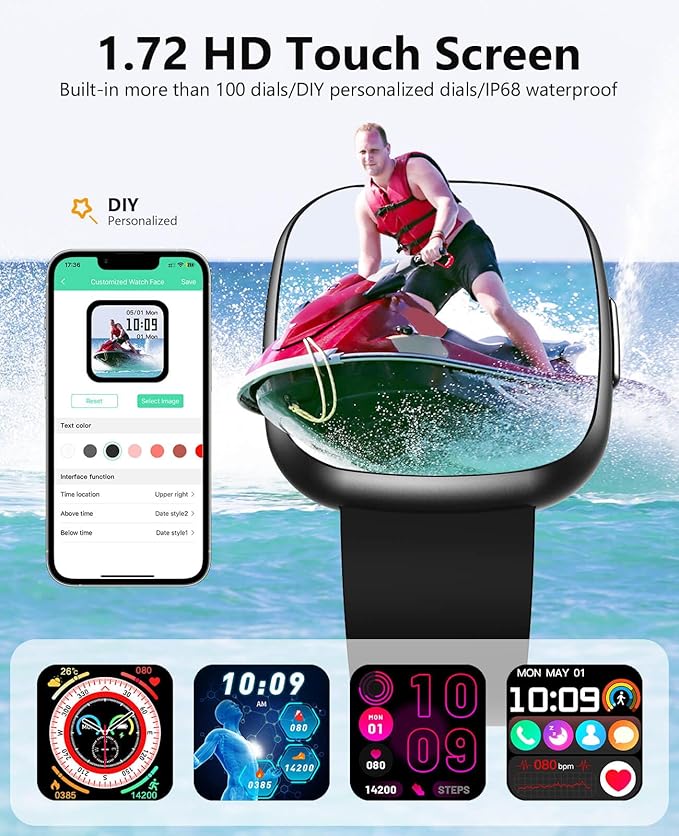 Smart Watches, 1.72" Smartwatch for Men Women (Answer/Make Call), Fitness Tracker with 100+ Sport Modes, IP68 Waterproof, Heart Rate/Sleep/Spo2 Monitor, Activity Tracker for Android iOS