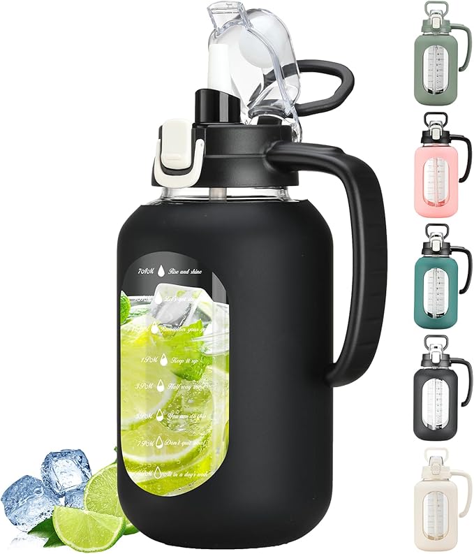 64 oz Glass Water Bottle with Straw and Handle Half Gallon Water Jug with Silicone Sleeve Large Water Bottle for Office, Gym, Outdoor Sports