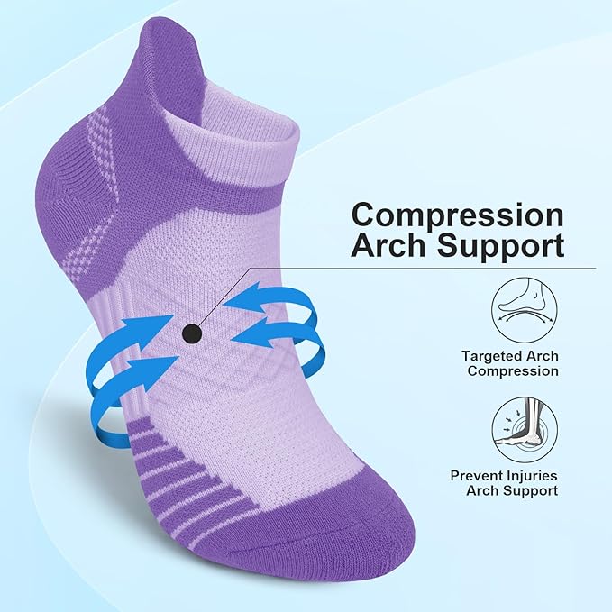 Iseasoo 6 Pairs Cotton Compression Ankle Socks – Cushioned Low Cut Running Socks with Arch Support for Women & Men