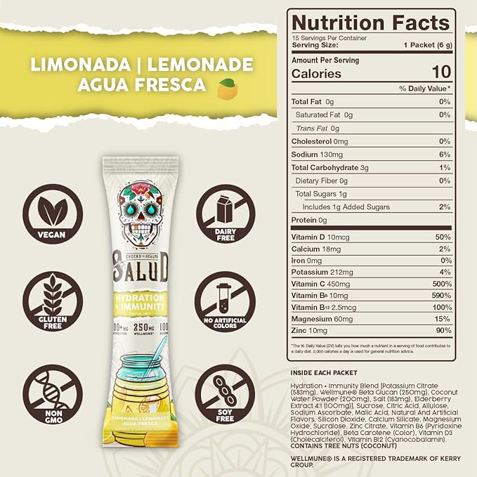 Salud 2-in-1 Hydration Packets + Immunity Electrolytes Powder, Lemonade - Agua Fresca Drink Mix, Elderberry, Dairy & Soy Free, Non-GMO, Gluten Free, Vegan, Low Calorie, 1g Sugar (15 Servings)