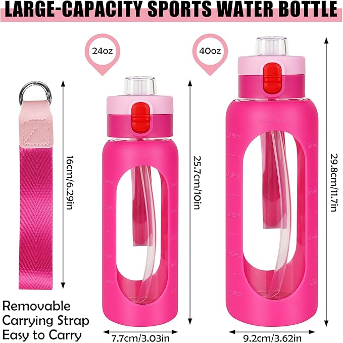 ANOTION 24OZ Glass Water Bottle, Large Sports Water Bottle with Dual-Drink Lid Clear Leakproof Glass Bottles with Straw, Motivational Jug with Silicone Sleeve and Time Marker for Travel Gym-Pink