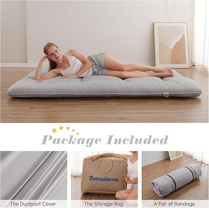 Japanese Floor Mattress, Futon Mattress with Storage Bag and Washable Cover, Roll Up Tatami Mat Suitable for Guest Room, Grey, Queen