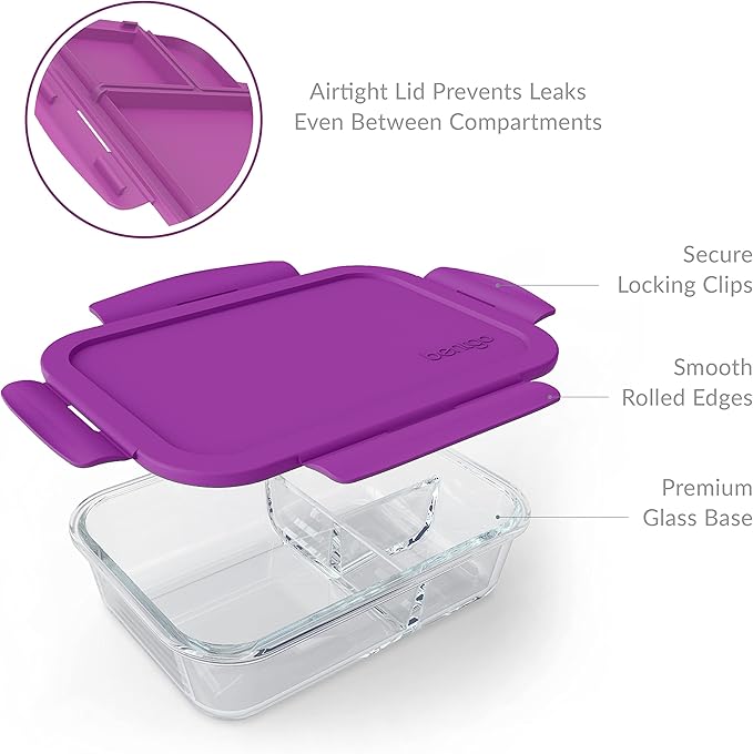 Bentgo Glass Lunch Box - Leak-Proof Bento-Style Food Container with Airtight Lid and Divided 3-Compartment Design - 5 Cup Capacity for Meal Prepping, and Portion-Controlled Meals for Adults (Purple)