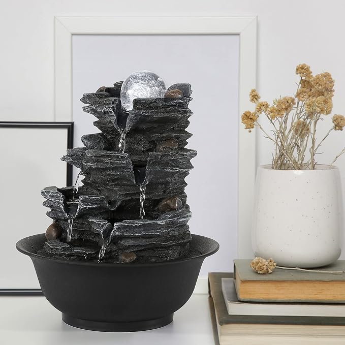 Dyna-Living Tabletop Water Fountain Indoor Waterfalls Fountains with White LED Light Decorative Feng Shui Tabletop Fountain with Automatic Pump