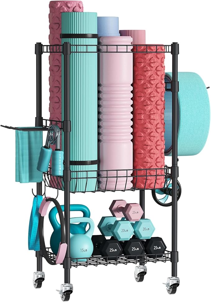 VOPEAK Home Gym Storage Rack with Wheels, Yoga Mat Storage Organizer for Kettlebells, Dumbbells, Resistance Bands, Space Saving Weight Rack for Home Gym, Garage, Easy to Install