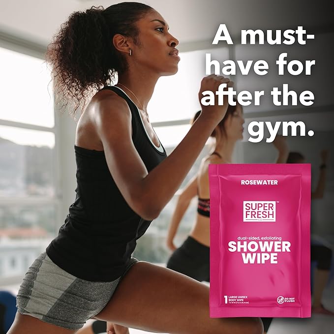 Super Fresh Shower Wipes Large RoseWater Body Wipes for No Rinse Bathing Personal Hygiene Gym Travel or Camping Enriched with Aloe and Vitamin E 20 Individually Wrapped Disposable Sheets