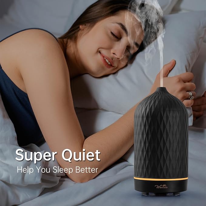 Wanlola Essential Oil Diffuser with Diamond Pattern,120ML Aromatherapy Ceramic Diffusers with Auto Off Function & Warm Light for Home,Decor,Black