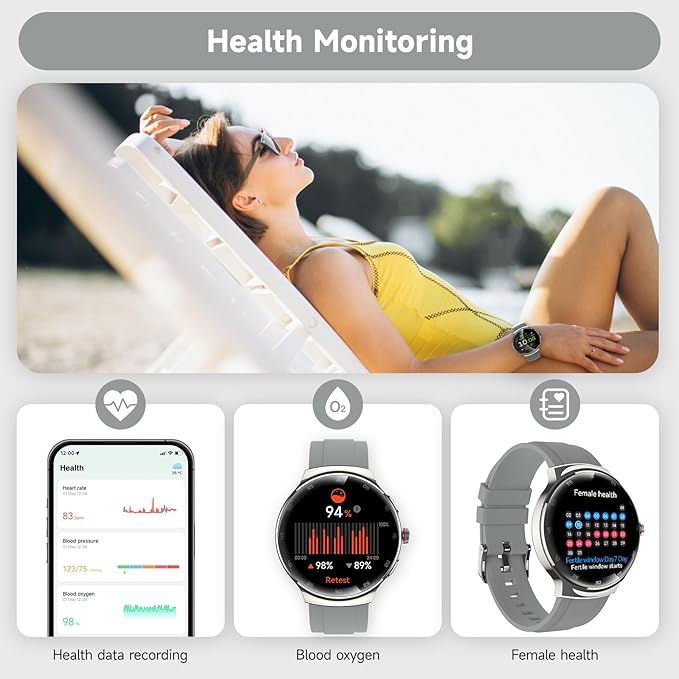Smart Watches for Men Women, 1.43" AMOLED Fitness Tracker, Make/Answer Calls Digital Waterproof Smartwatch, 150+ Sports Mode, Heart Rate/SpO2/Sleep Monitor, Android & iOS Compatible, 2 Bands