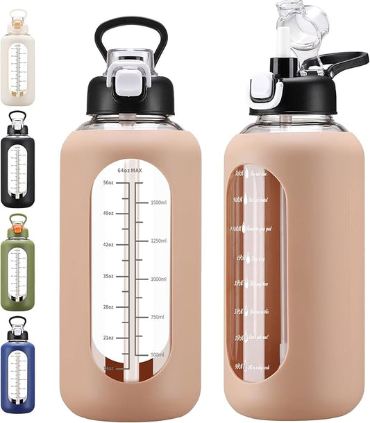 64 oz Glass Water Bolttles with Straw Half Gallon Large Motivational Water Bottle with Time Marker Sports Water Bottles with Silicone Sleeve and Handle Lid Water Jug for Gym Workout