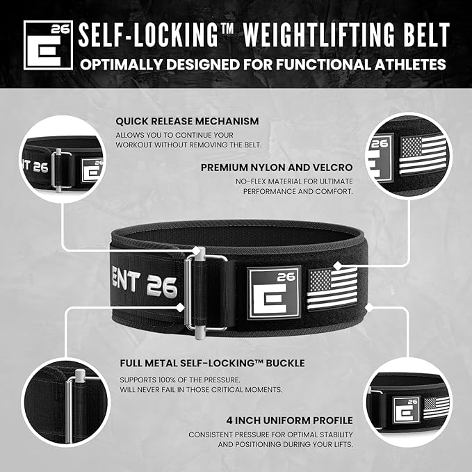 Element 26 Self-Locking Weight Lifting Belt - Premium Weightlifting Belt for Serious Functional Fitness and Olympic Lifting Athletes - Lifting Support for Men and Women - Deadlift Training Belt