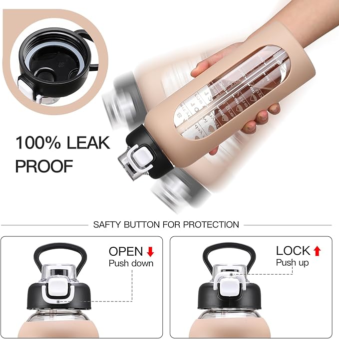 32 oz Glass Water Bolttles with Straw Large Motivational Water Bottle with Time Marker Sports Water Bottles with Silicone Sleeve and Handle Lid Water Jug for Gym Workout