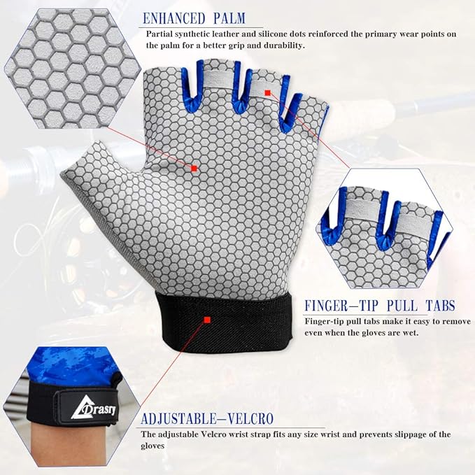 Drasry UV Fishing Gloves Fingerless Sun Protection Men Women UPF50+SPF for Fishing Kayaking Paddling Hiking Sailing Rowing Driving Canoeing Glove
