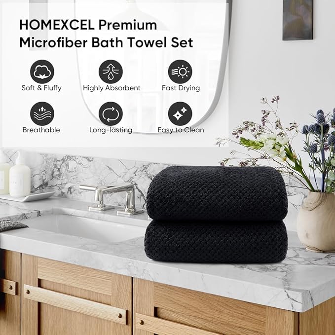 HOMEXCEL Bath Towels Pack of 2, (27 x 54 Inches) Microfiber Ultra Soft Highly Absorbent Bath Towel Set, Lightweight and Quick Drying Towels for Body, Sport, Yoga, SPA, Fitness, Black