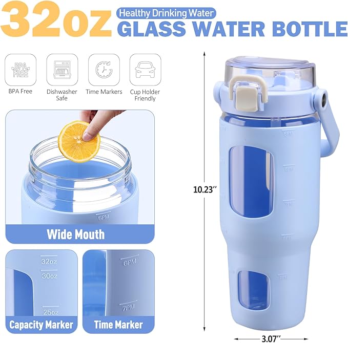 BLUEGO 32oz Glass Water Bottles with Straw Time Marker Half Gallon Large Motivational Water Bottle with Silicone Sleeve 2 Liter Large Glass Water Jug for Gym, Sports& Workout, Daily, Light Blue