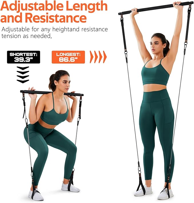 Pilates Bar Kit with Resistance Bands, 3-Section Multifunctional Yoga Pilates Bar with Metal Adjustment Buckle.Portable Pilates Equipment for Women & Men Full-Body Workouts at Home Gym