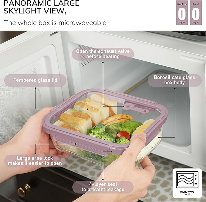 5-Pack Borosilicate Glass Containers with Tempered Lids, 35.2oz/4.4 Cup Airtight Meal Prep Set, Microwave/Freezer Safe (Pink)