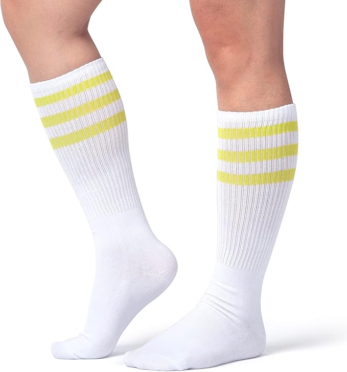 ONUPGO 5 Pieces Sweatbands Striped Socks Set Sports Headband Wristbands High Tube Socks 80s Accessories Costumes